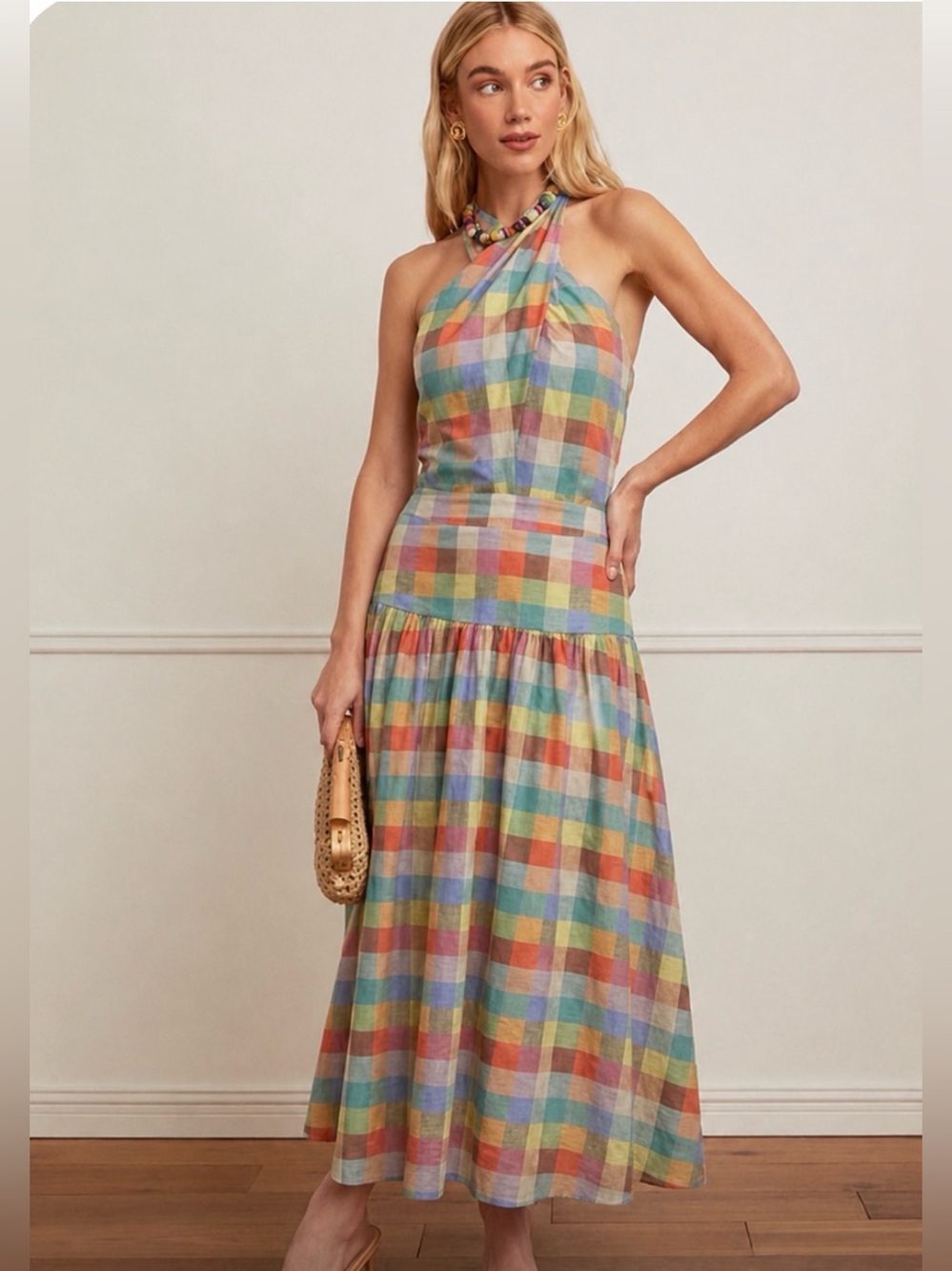 LOVE! NWT Summer Crossover Cotton Halter Smocked Back Plaid Madras Tuckernuck